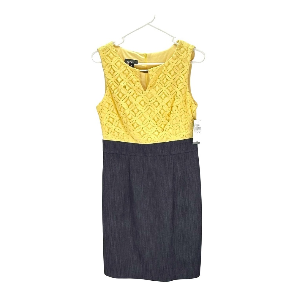 NWT ALYX Dress 6 Denim Look w/ Yellow‎ Lace Overlay Keyhole Front Casual Career